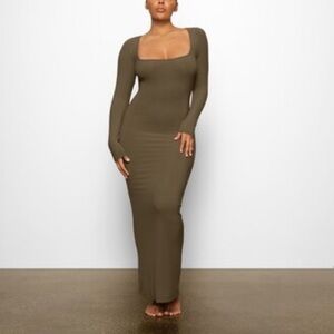 SKIMS Green Ribbed Long Sleeve Bodycon Dress